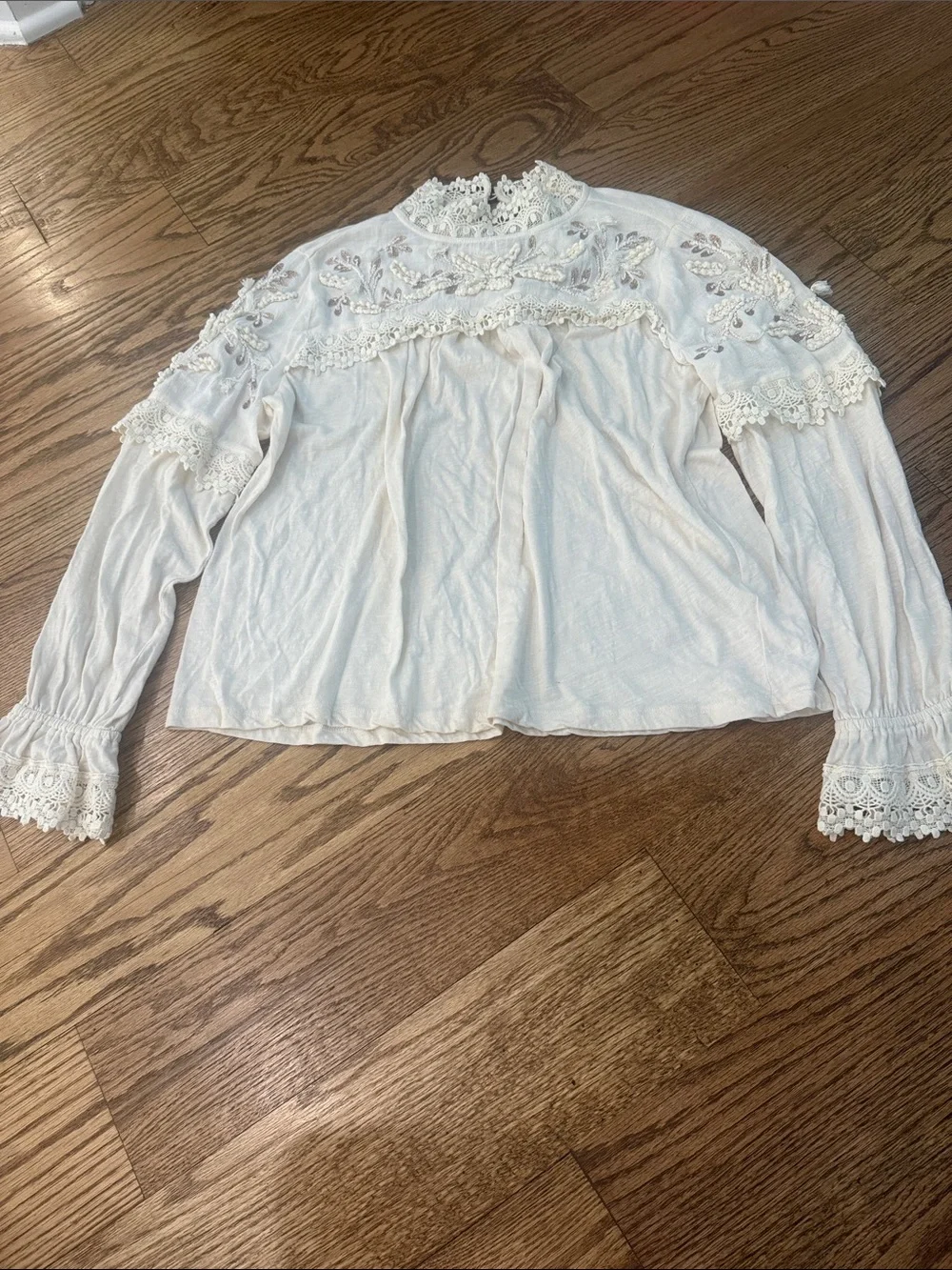 Anthropologie Cream Lace-Yoke High Neck Blouse